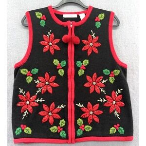 Inspire By One Step Up Sweater Vest Womens XL Black Holly Christmas Holiday